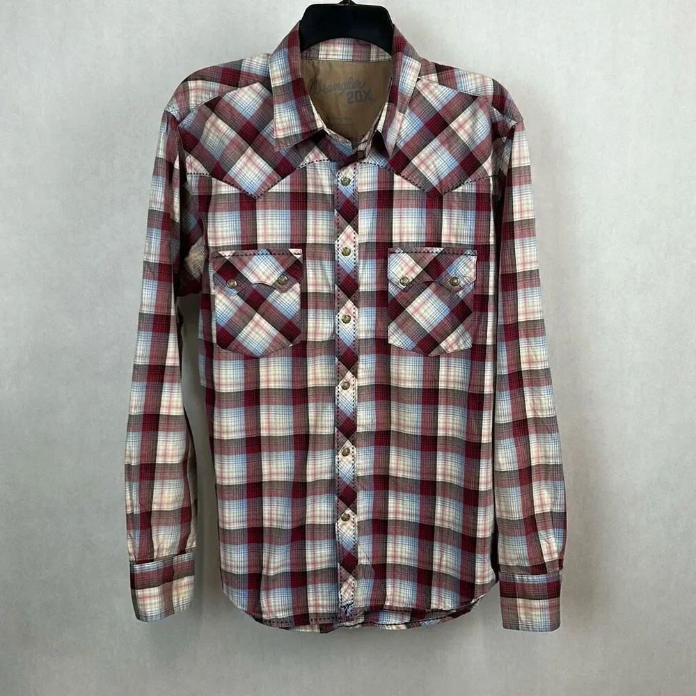 Wrangler 20X Snap Button Front Shirt Mens Sz Large Red White Blue Plaid Western